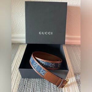 NEW Authentic Gucci GG Denim Brown Leather Belt Size 105